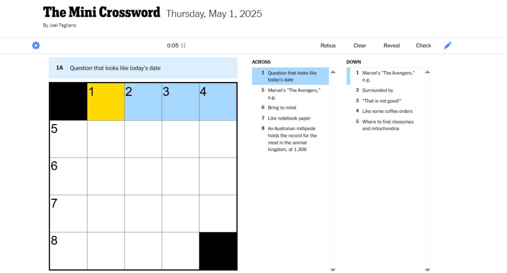 The Mini CrosswordThursday, May 1, 2025
